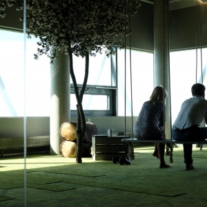 Tekero referents Telia Eesti peahoone. Interface plaatvaibad Urban Retreat, Near & Far ja Human Nature. 
